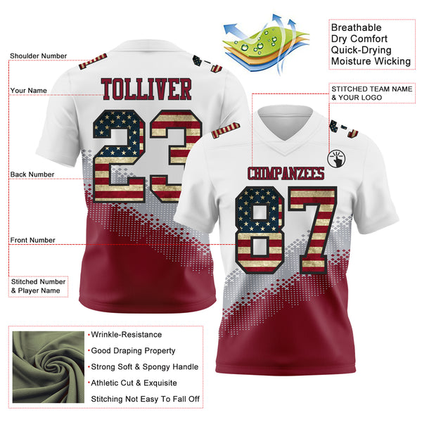 Custom White Vintage USA Flag Gray Crimson-Black Authentic Geometric Gradient 7V7 Flag Football Jersey