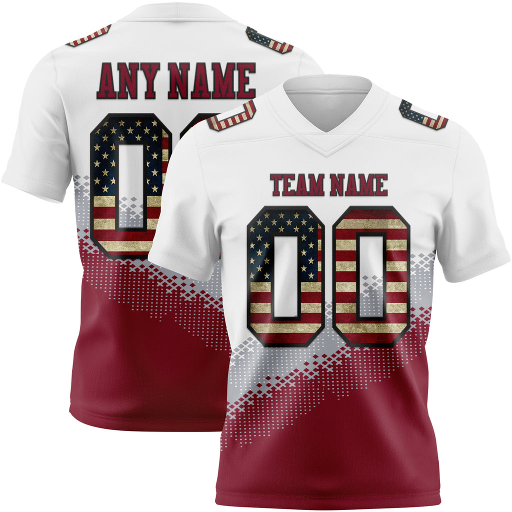 Custom White Vintage USA Flag Gray Crimson-Black Authentic Geometric Gradient 7V7 Flag Football Jersey