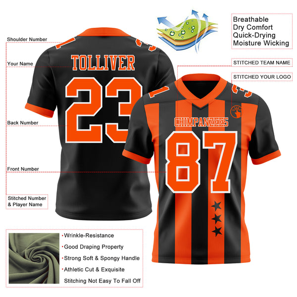 Custom Black Orange-White Authentic Stars And Stripes 7V7 Flag Football Jersey