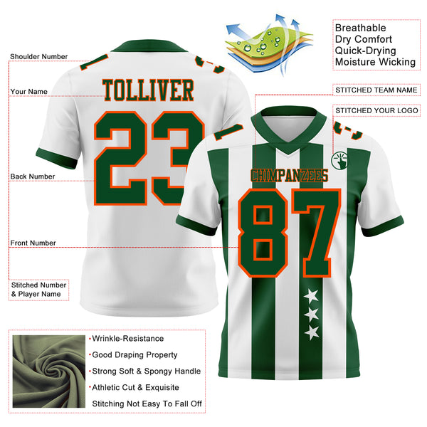 Custom White Green-Orange Authentic Stars And Stripes 7V7 Flag Football Jersey