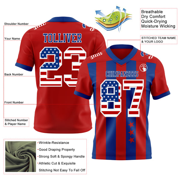 Custom Red USA Flag Royal-White Authentic Stars And Stripes 7V7 Flag Football Jersey