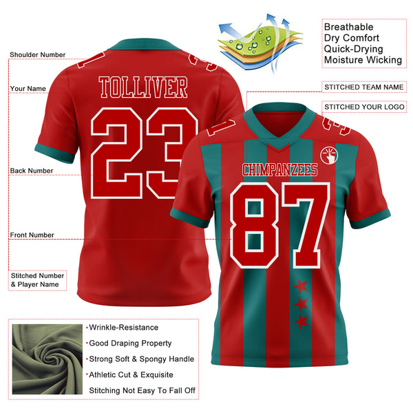 Custom Red Teal-White Authentic Stars And Stripes 7V7 Flag Football Jersey