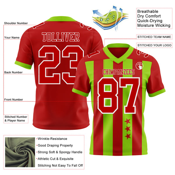 Custom Red Neon Green-White Authentic Stars And Stripes 7V7 Flag Football Jersey