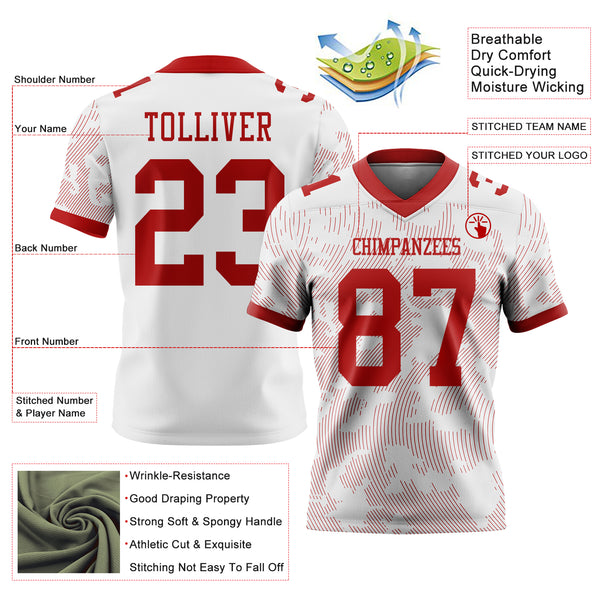 Custom White-Red Authentic Abstract Fluid Line 3D Pattern 7V7 Flag Football Jersey