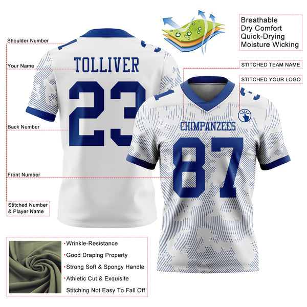 Custom White-Royal Authentic Abstract Fluid Line 3D Pattern 7V7 Flag Football Jersey