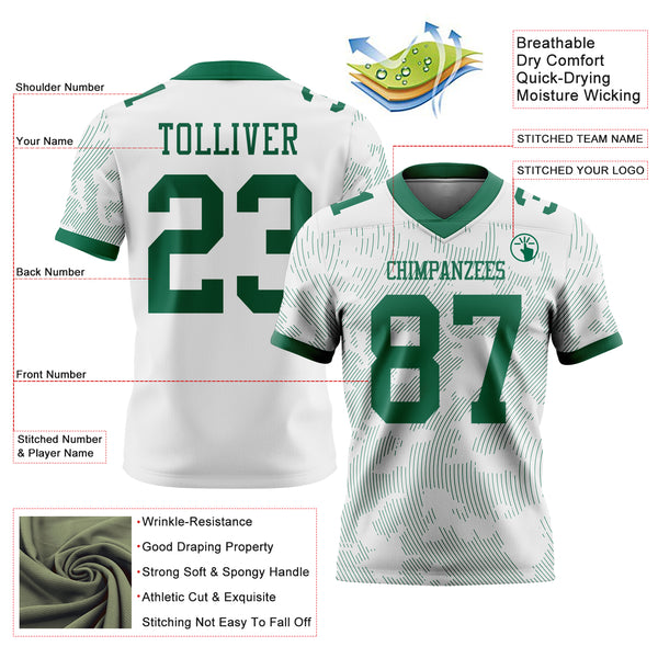 Custom White-Kelly Green Authentic Abstract Fluid Line 3D Pattern 7V7 Flag Football Jersey