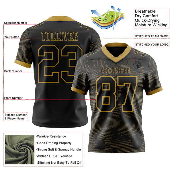 Custom Black-Old Gold Authentic Abstract Fluid Line 3D Pattern 7V7 Flag Football Jersey