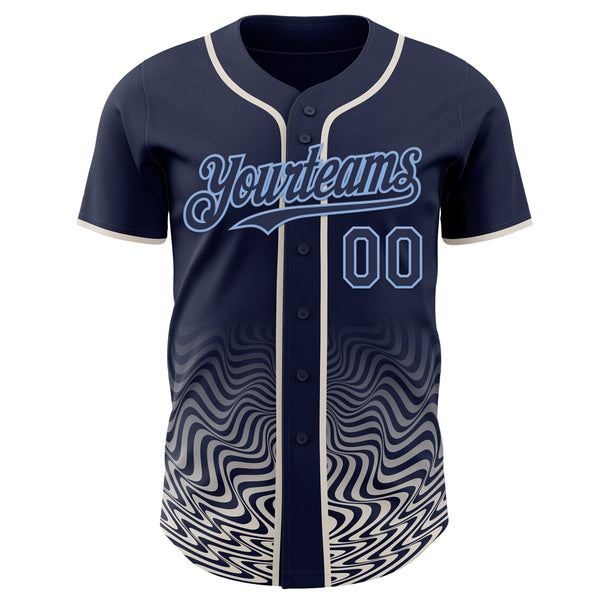 Custom Navy Cream-Light Blue Fluid Wave Psychedelic Swirl Authentic Baseball Jersey