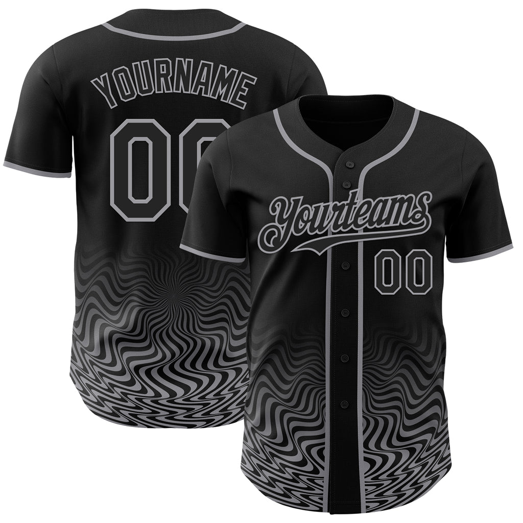 Custom Black-Gray Fluid Wave Psychedelic Swirl Authentic Baseball Jersey