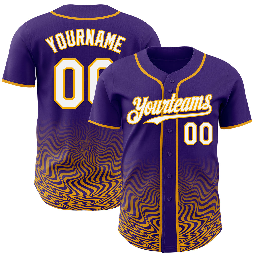 Custom Purple White-Gold Fluid Wave Psychedelic Swirl Authentic Baseball Jersey