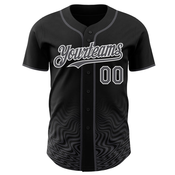 Custom Black Steel Gray-White Fluid Wave Psychedelic Swirl Authentic Baseball Jersey
