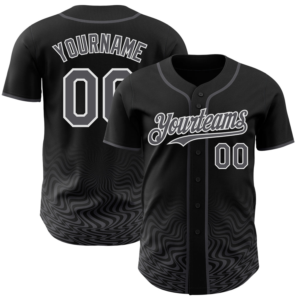 Custom Black Steel Gray-White Fluid Wave Psychedelic Swirl Authentic Baseball Jersey