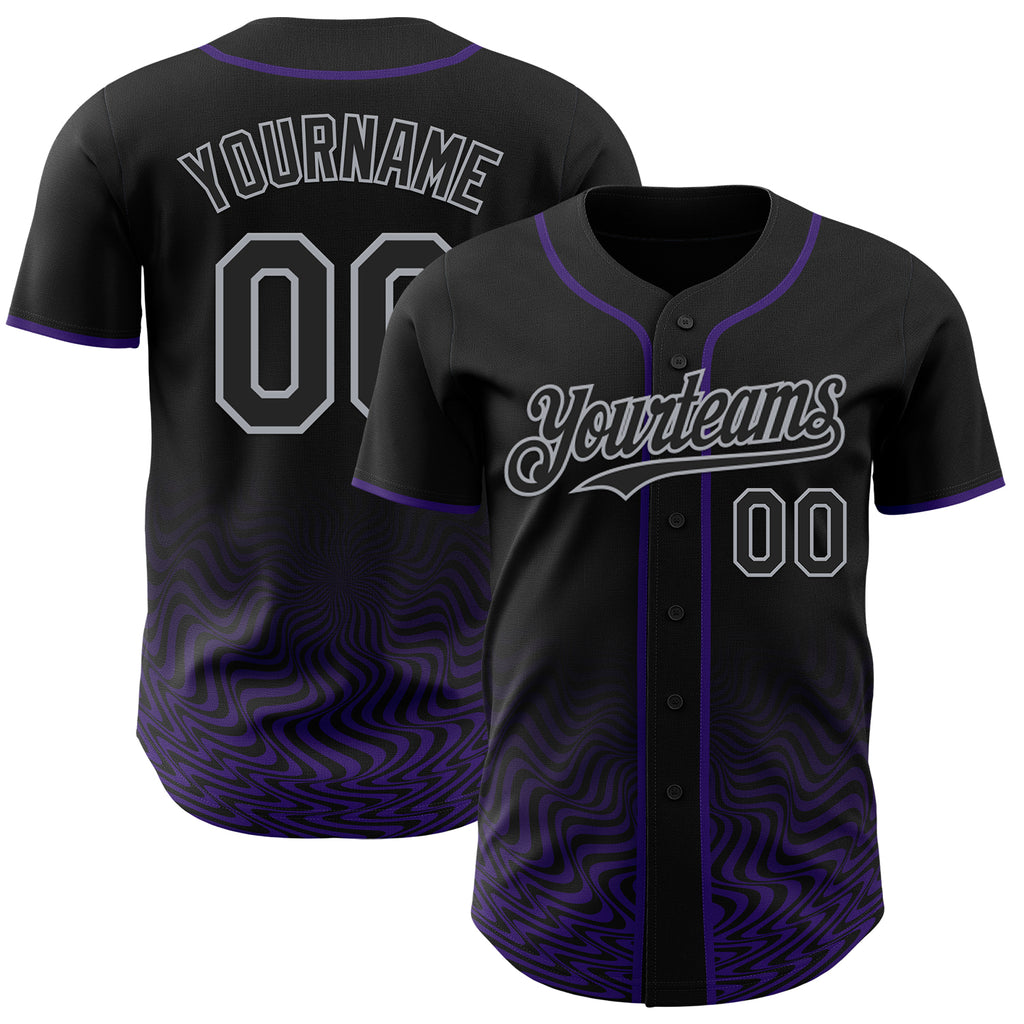 Custom Black Purple-Gray Fluid Wave Psychedelic Swirl Authentic Baseball Jersey
