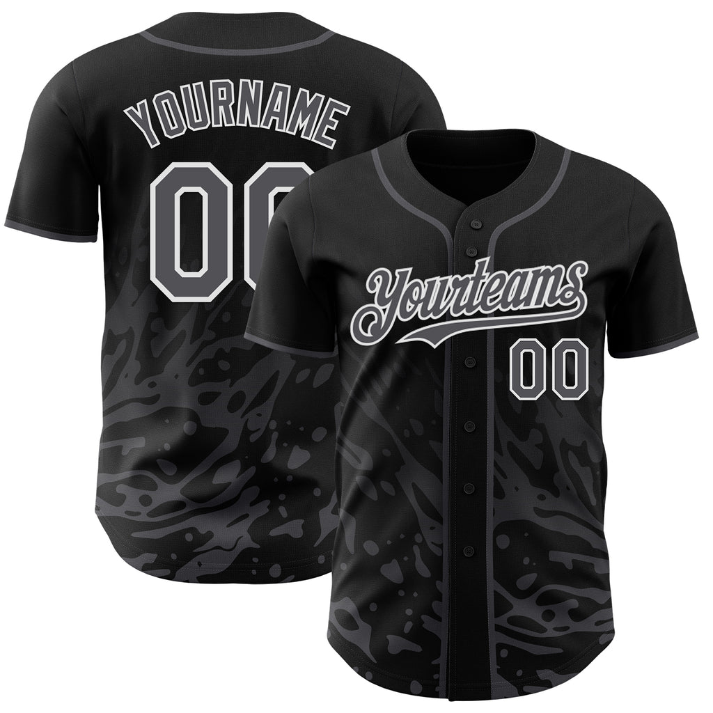 Custom Black Steel Gray-White Fluid Liquid Wave Splatter Authentic Baseball Jersey