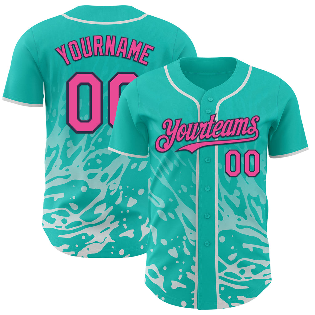 Custom Aqua Pink White-Navy Fluid Liquid Wave Splatter Authentic Baseball Jersey