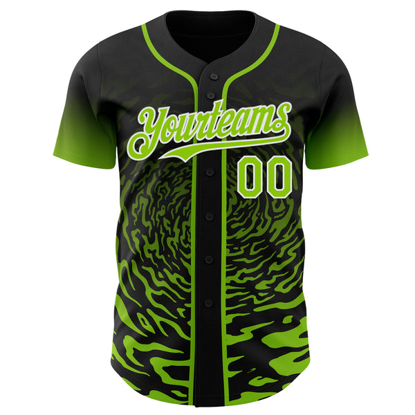 Custom Black Neon Green-White Fluid Wave Splatter Gradient Authentic Baseball Jersey