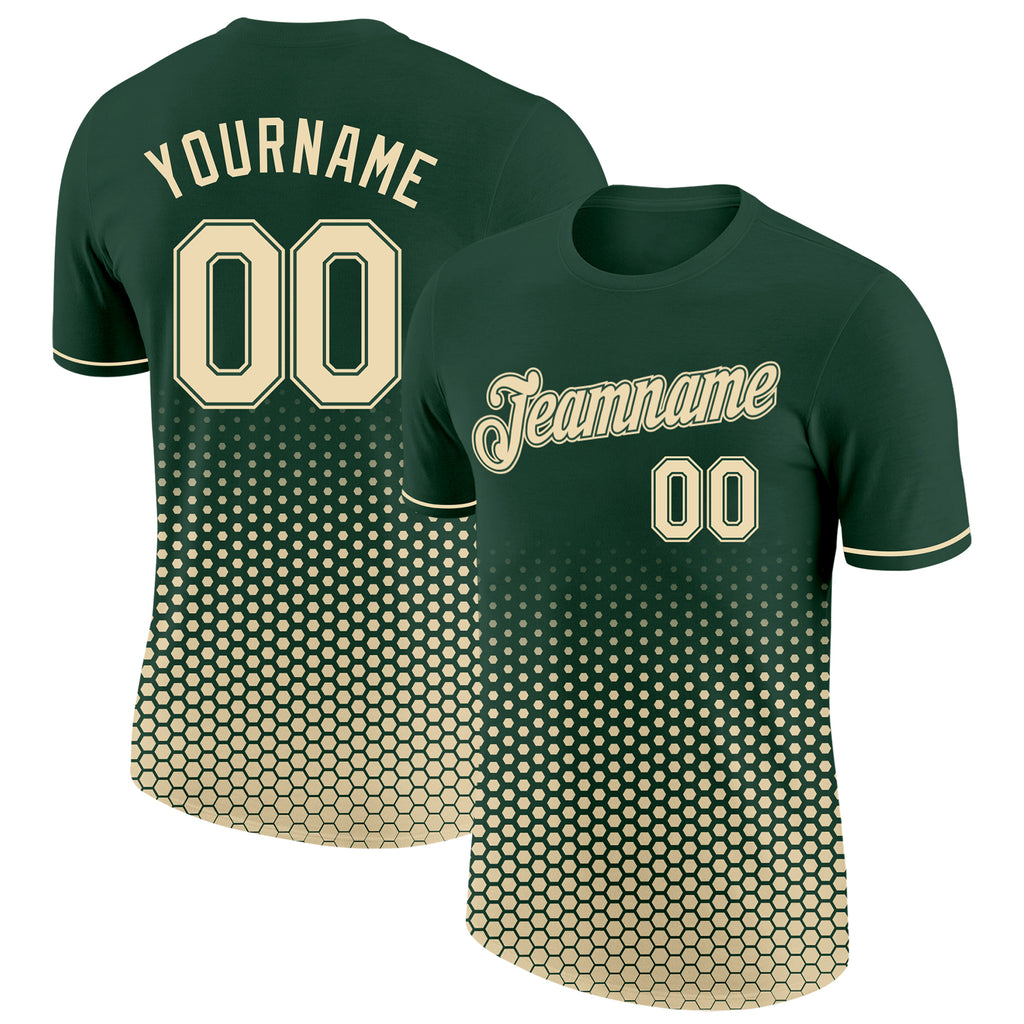 Custom Green-Cream Geometric Hexagonal Dot Gradient Performance T-Shirt