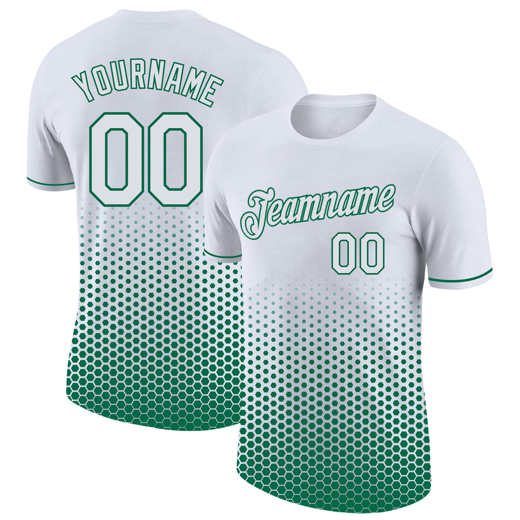 Custom White-Kelly Green Geometric Hexagonal Dot Gradient Performance T-Shirt
