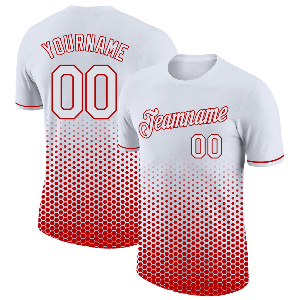 Custom White-Red Geometric Hexagonal Dot Gradient Performance T-Shirt