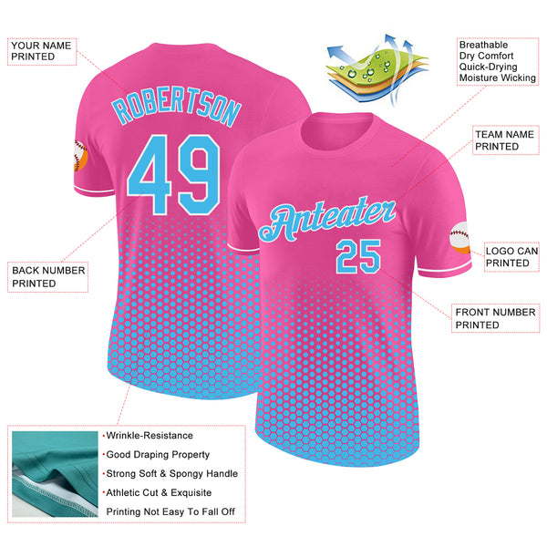 Custom Pink Sky Blue-White Geometric Hexagonal Dot Gradient Performance T-Shirt