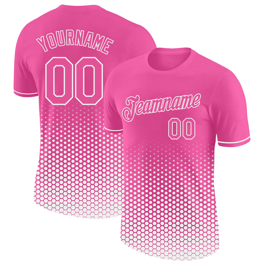 Custom Pink-White Geometric Hexagonal Dot Gradient Performance T-Shirt