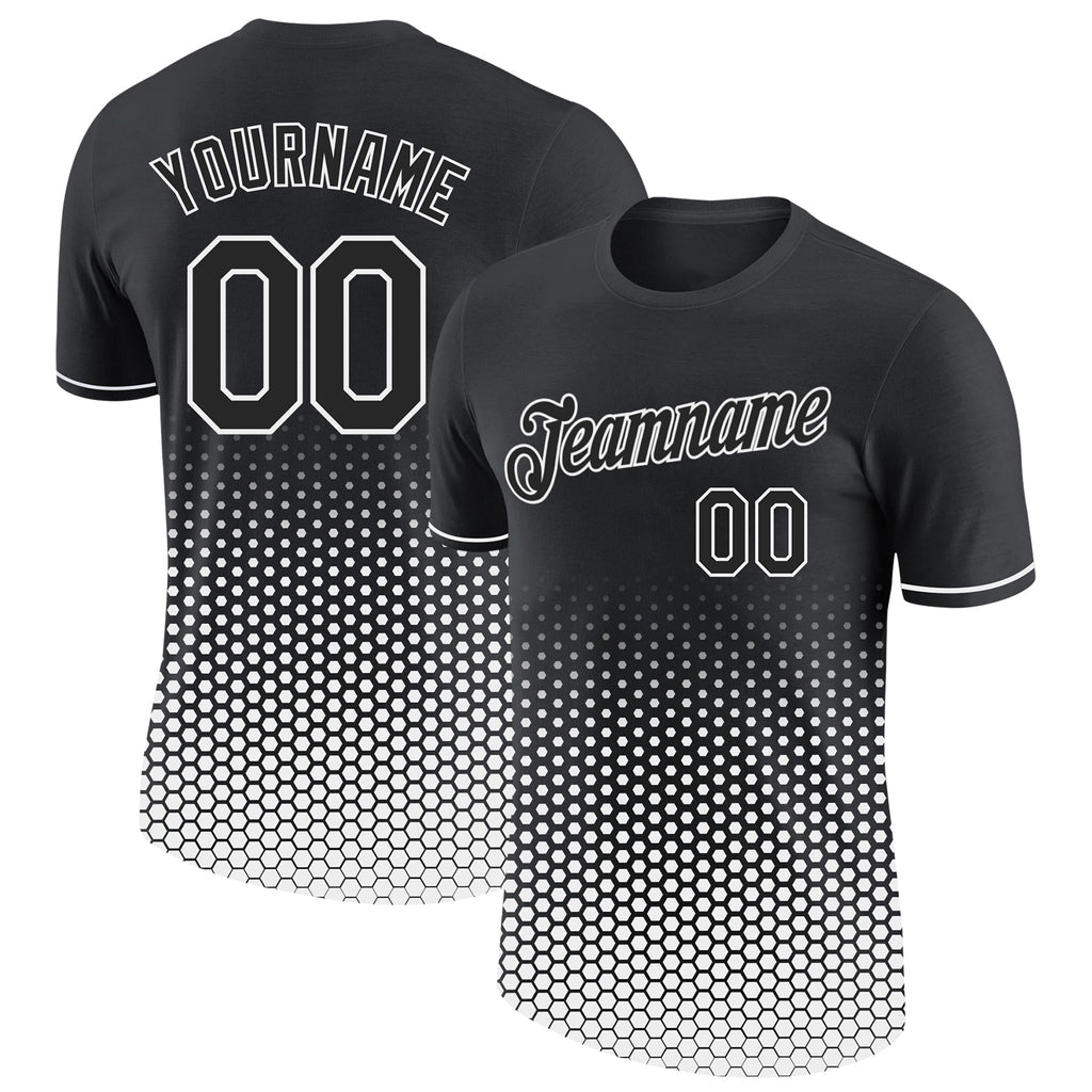 Custom Black-White Geometric Hexagonal Dot Gradient Performance T-Shirt