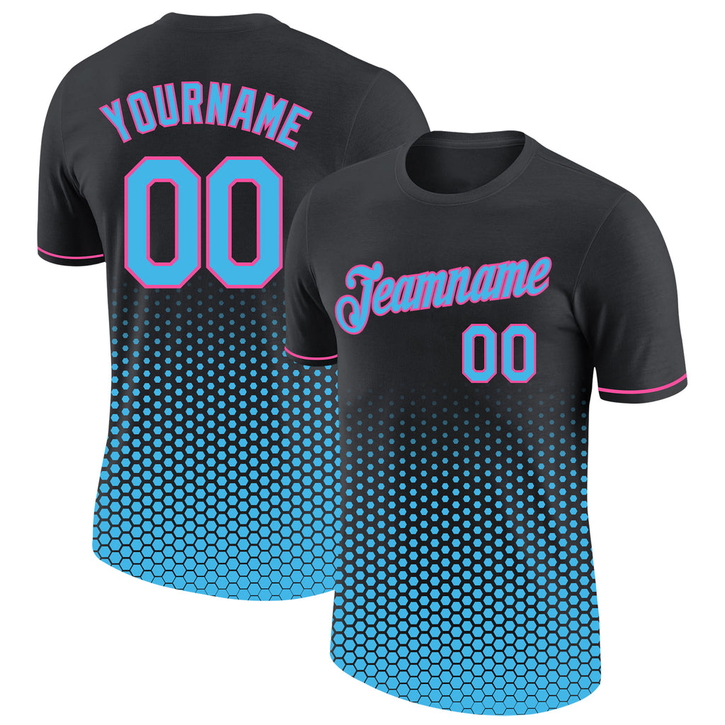 Custom Black Sky Blue-Pink Geometric Hexagonal Dot Gradient Performance T-Shirt