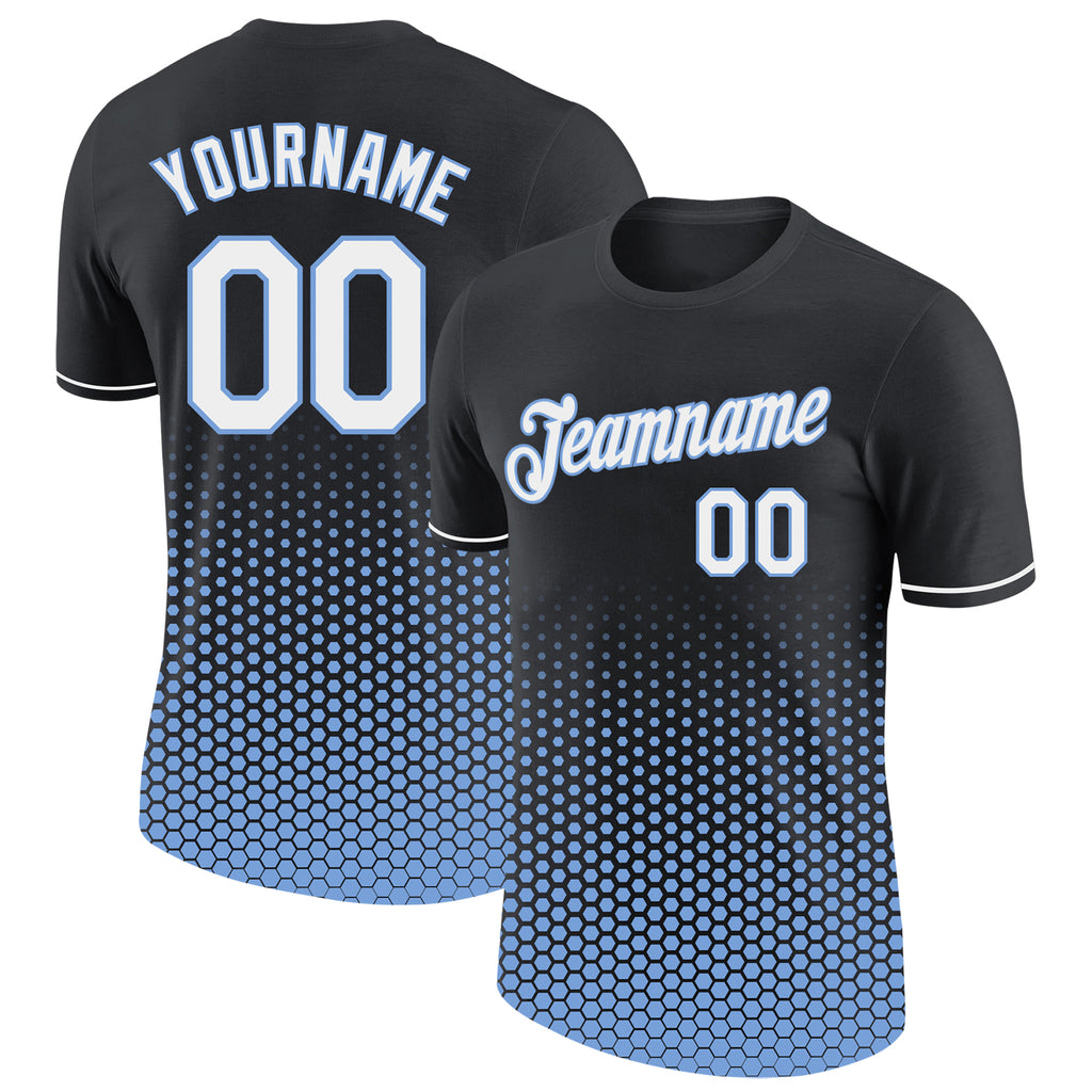 Custom Black White-Light Blue Geometric Hexagonal Dot Gradient Performance T-Shirt