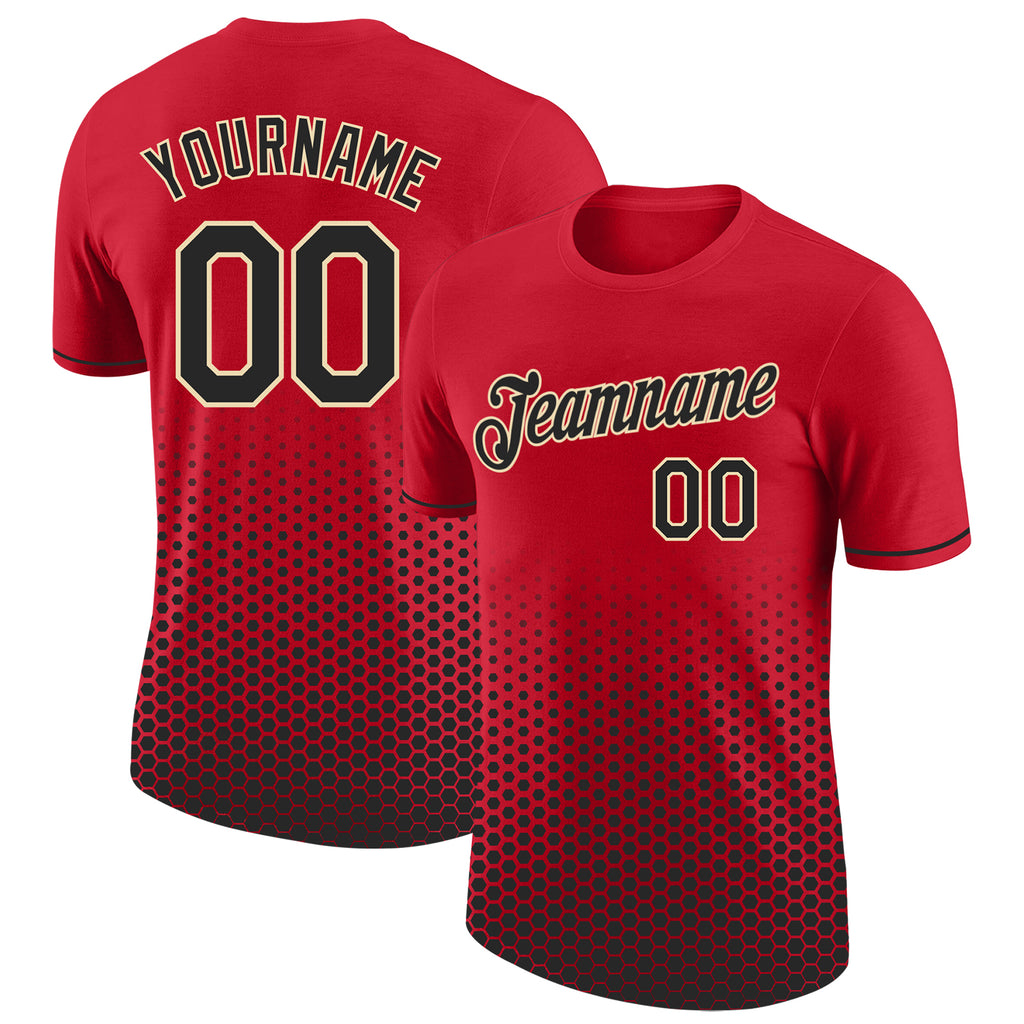 Custom Red Black-Cream Geometric Hexagonal Dot Gradient Performance T-Shirt