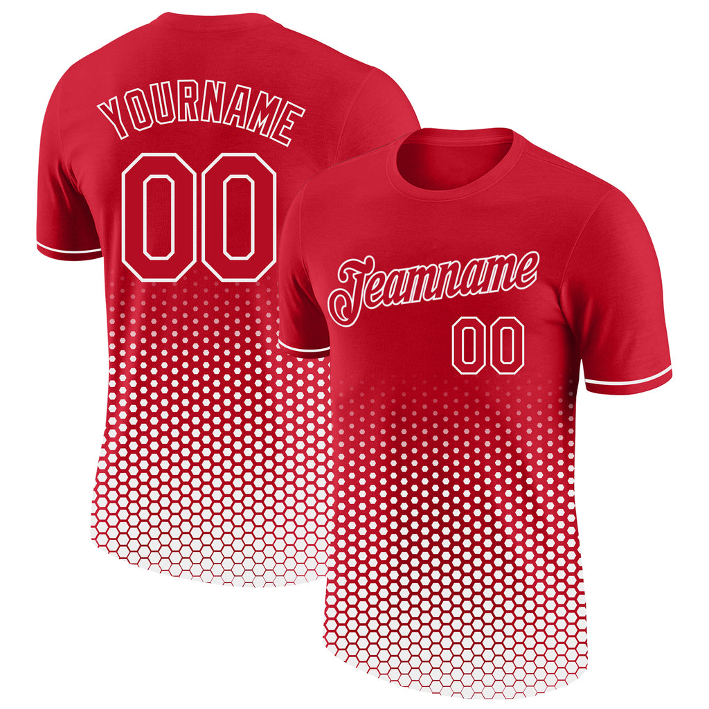 Custom Red-White Geometric Hexagonal Dot Gradient Performance T-Shirt