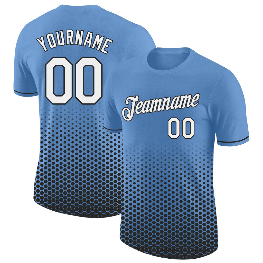 Custom Light Blue White-Black Geometric Hexagonal Dot Gradient Performance T-Shirt