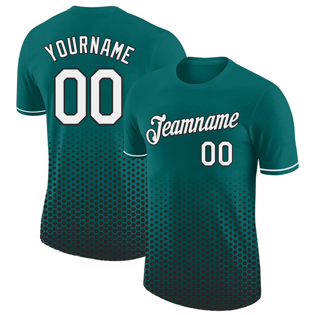 Custom Teal White-Black Geometric Hexagonal Dot Gradient Performance T-Shirt