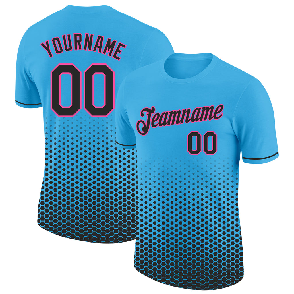 Custom Sky Blue Black-Pink Geometric Hexagonal Dot Gradient Performance T-Shirt
