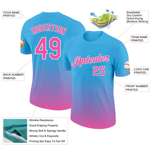Custom Sky Blue Pink-White Geometric Hexagonal Dot Gradient Performance T-Shirt