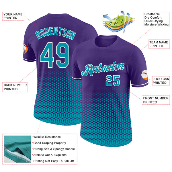Custom Purple Teal-White Geometric Hexagonal Dot Gradient Performance T-Shirt