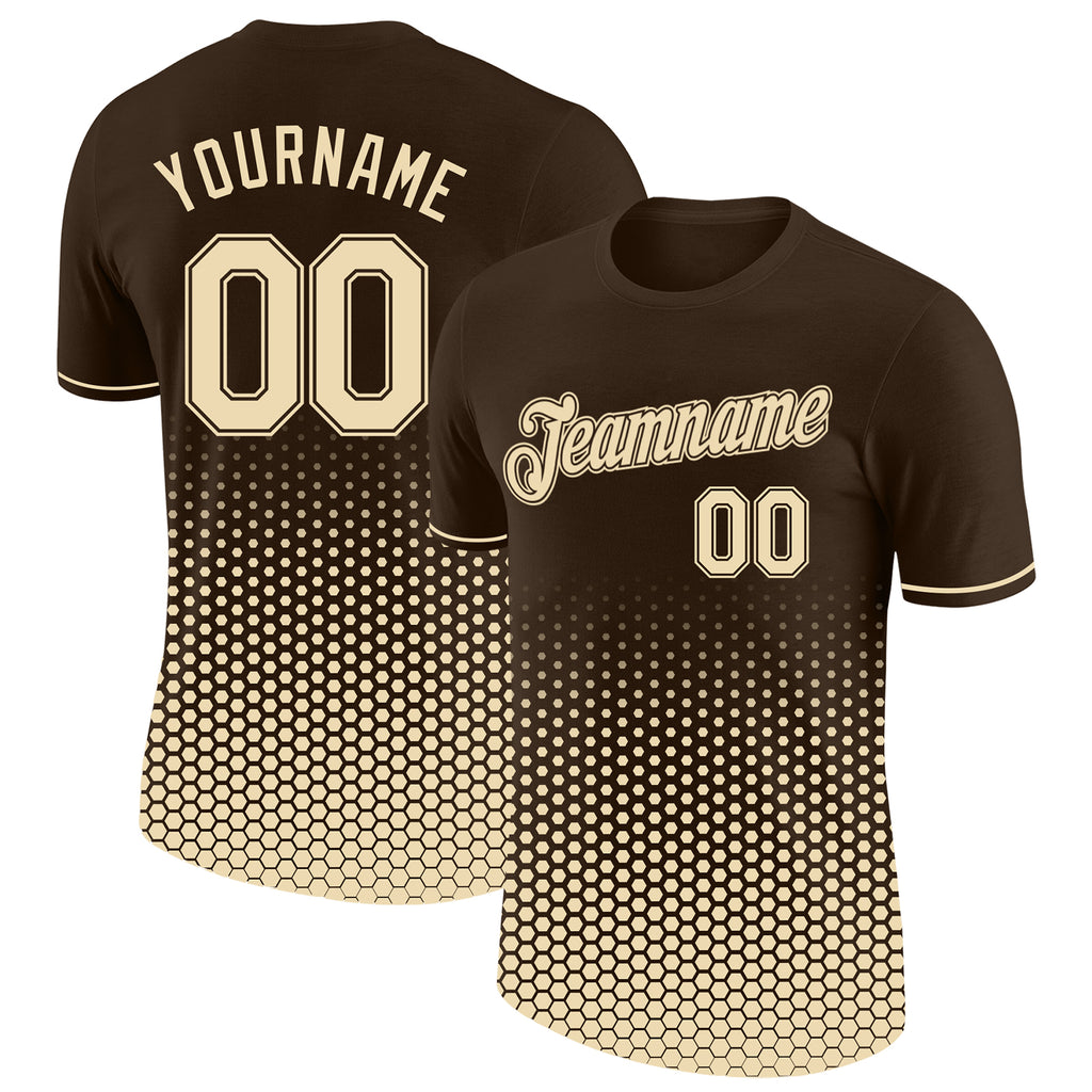 Custom Brown-Cream Geometric Hexagonal Dot Gradient Performance T-Shirt