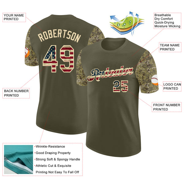 Custom Olive Vintage USA Flag-Cream Camo Two Tone Performance T-Shirt