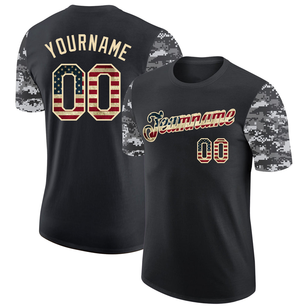Custom Black Vintage USA Flag-Cream Camo Two Tone Performance T-Shirt
