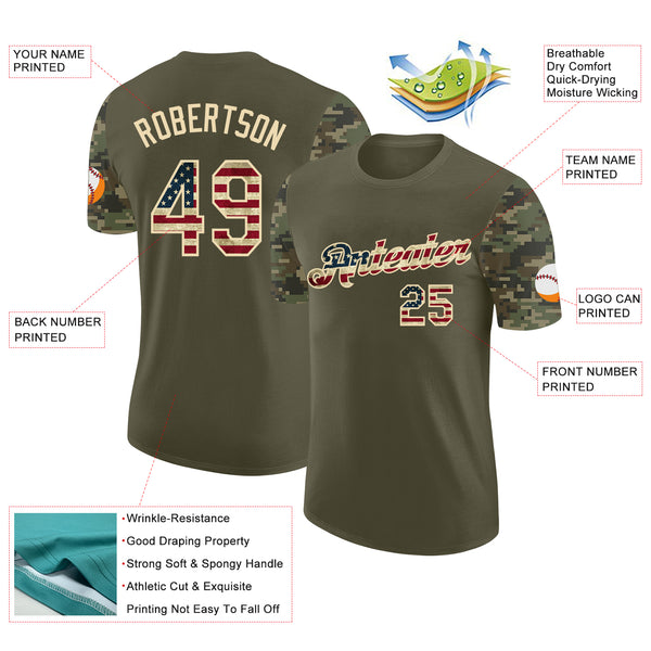 Custom Olive Vintage USA Flag-Cream Camo Two Tone Performance T-Shirt
