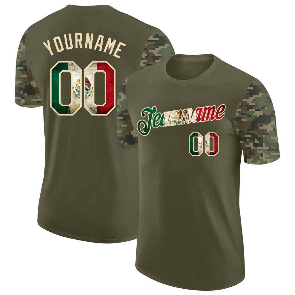 Custom Olive Vintage Mexican Flag-Cream Camo Two Tone Performance T-Shirt