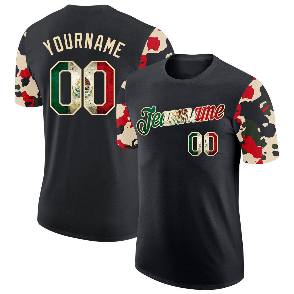 Custom Black Vintage Mexican Flag-Cream Camo Two Tone Performance T-Shirt