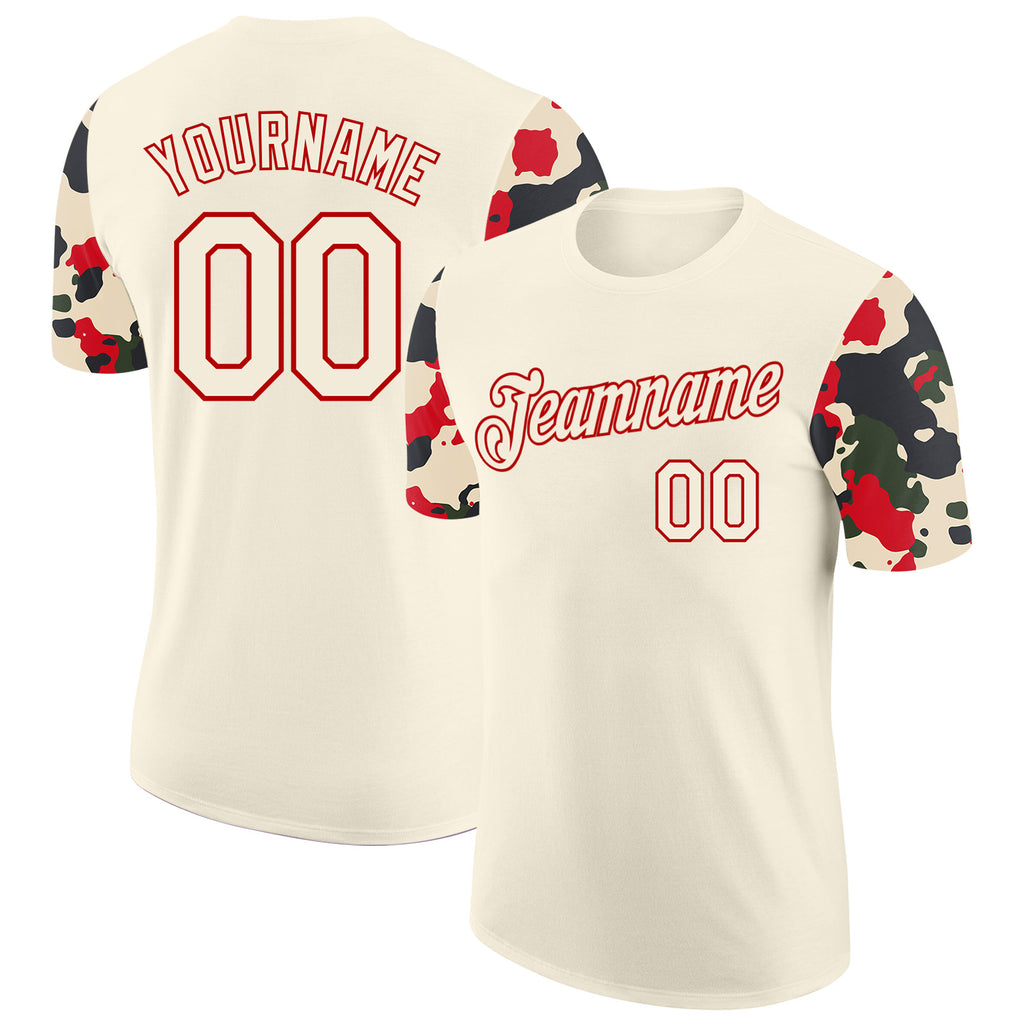 Custom Cream-Red Camo Two Tone Performance T-Shirt