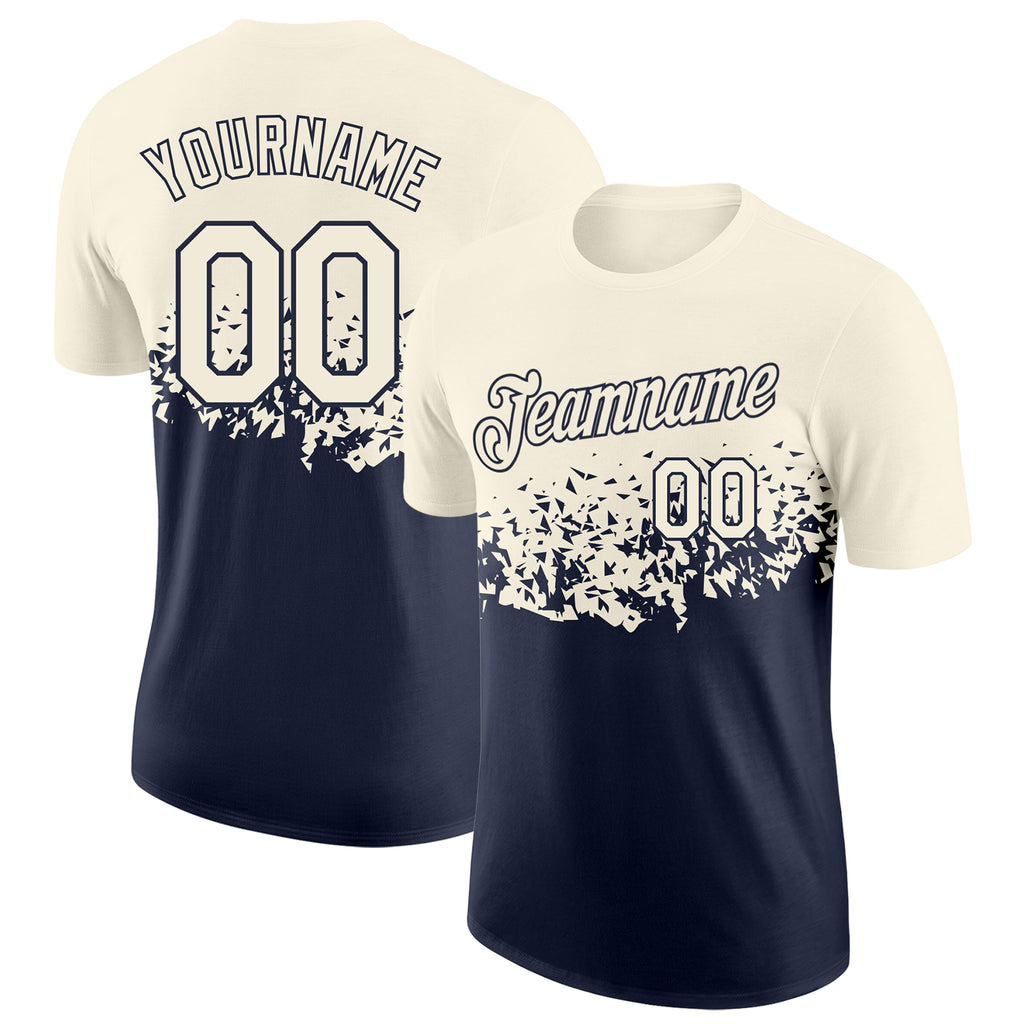 Custom Cream-Navy Fade Geometric Splatter Fragmented Shards Performance T-Shirt