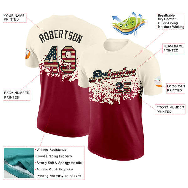 Custom Cream Vintage USA Flag Crimson-Black Fade Geometric Splatter Fragmented Shards Performance T-Shirt