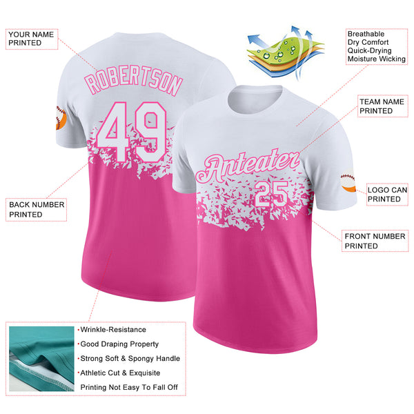 Custom White-Pink Fade Geometric Splatter Fragmented Shards Performance T-Shirt