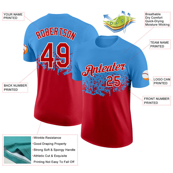 Custom Powder Blue Red-White Fade Geometric Splatter Fragmented Shards Performance T-Shirt