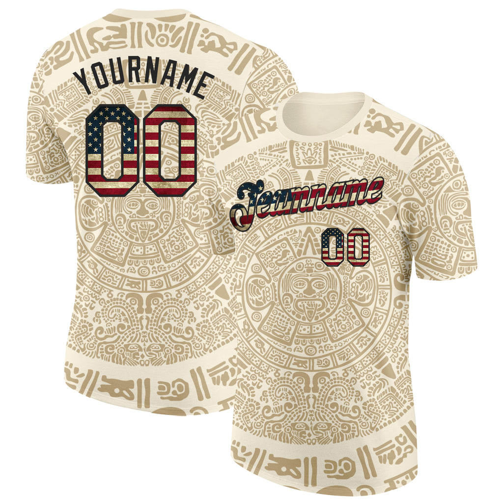 Custom Cream Vintage USA Flag-Black Tribal Ethnic Aztec Sun Stone 3D Pattern Performance T-Shirt