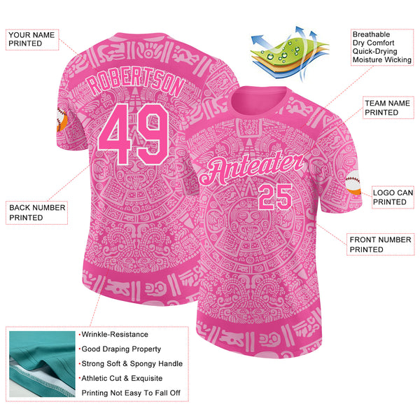 Custom Pink-White Tribal Ethnic Aztec Sun Stone 3D Pattern Performance T-Shirt