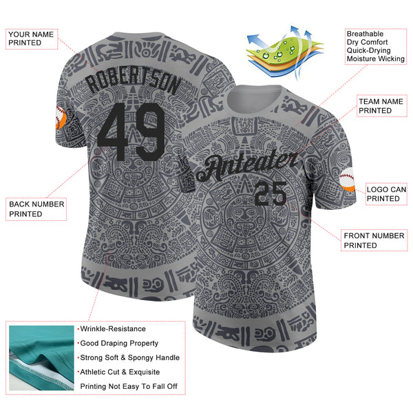 Custom Gray-Black Tribal Ethnic Aztec Sun Stone 3D Pattern Performance T-Shirt