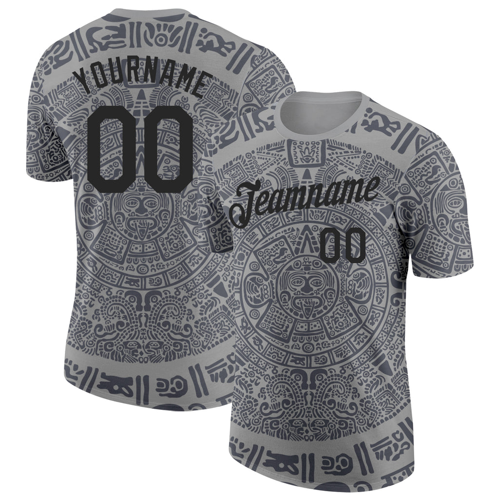 Custom Gray-Black Tribal Ethnic Aztec Sun Stone 3D Pattern Performance T-Shirt